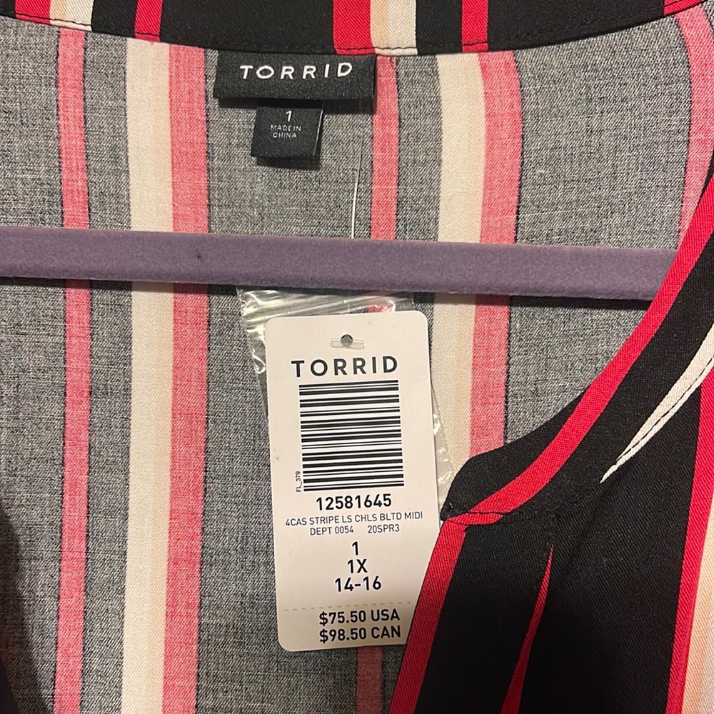 Torrid red/black/white/cream striped midi dress NWT
